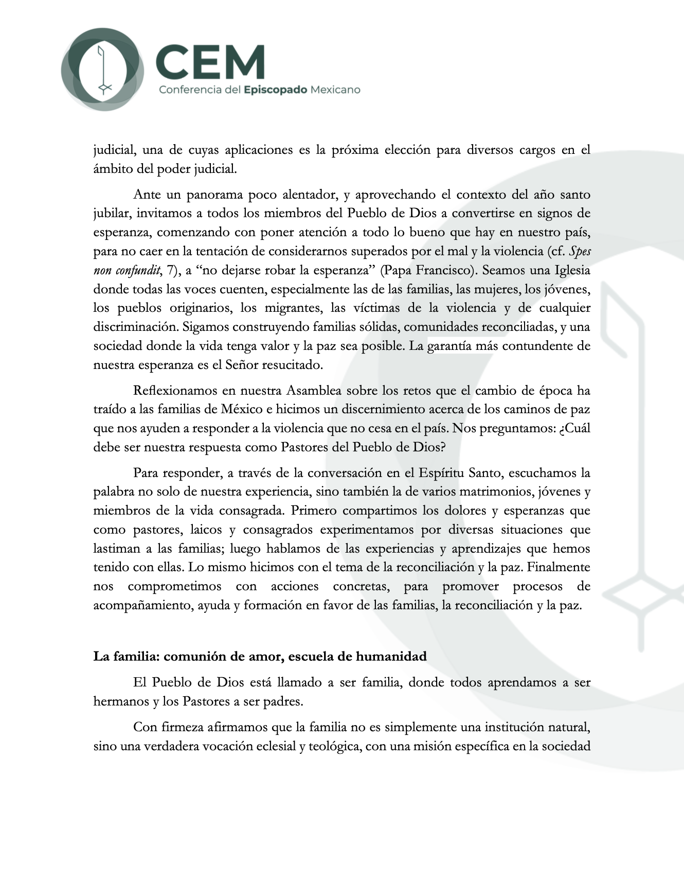 Prot. No. 210/25 MENSAJE AL PUEBLO DE DIOS CXVIII ASAMBLEA PLENARIA DE LA CONFERENCIA DEL EPISCOPADO MEXICANO "FAMILIA Y PAZ: VOCACIÓN Y CAMINO DEL EVANGELIO" 2
